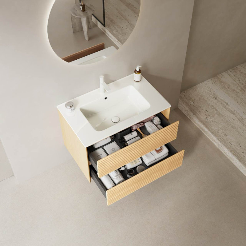 BRON 30" Nature Solid Wood Bathroom Vanity with Sink, Modern Wall-Mounted Floating Plywood Bathroom Cabinet, White Ceramic Basin, Natural Light Oak