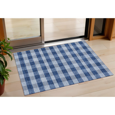 3' X 5' Navy Blue Plaid Washable Indoor Outdoor Area Rug