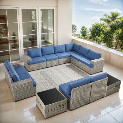 Clute Arnoltice 10 - Person Outdoor Wicker Rattan Patio Sectional Seating Group With Cushions And Side Tables