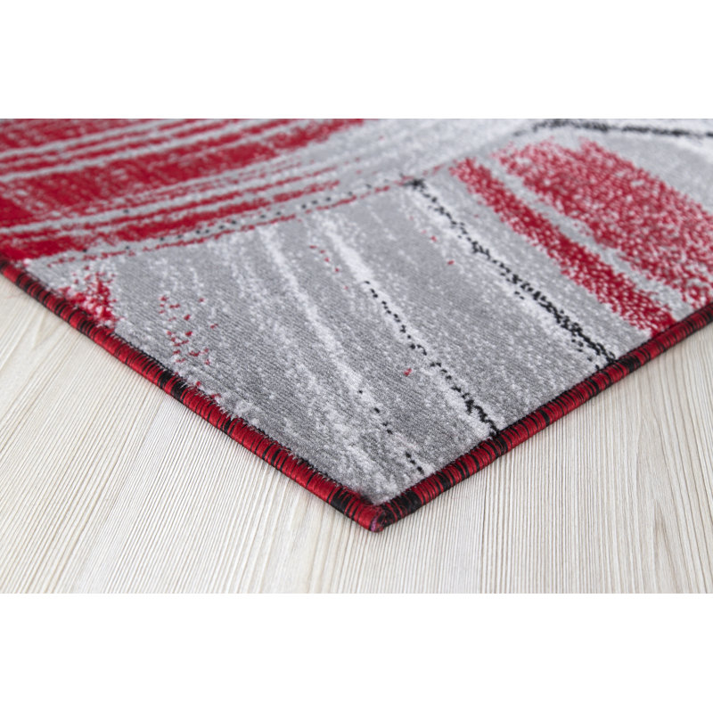 Tapis gris / rouge à motif abstrait, Rectangle 5 pi x 8 pi