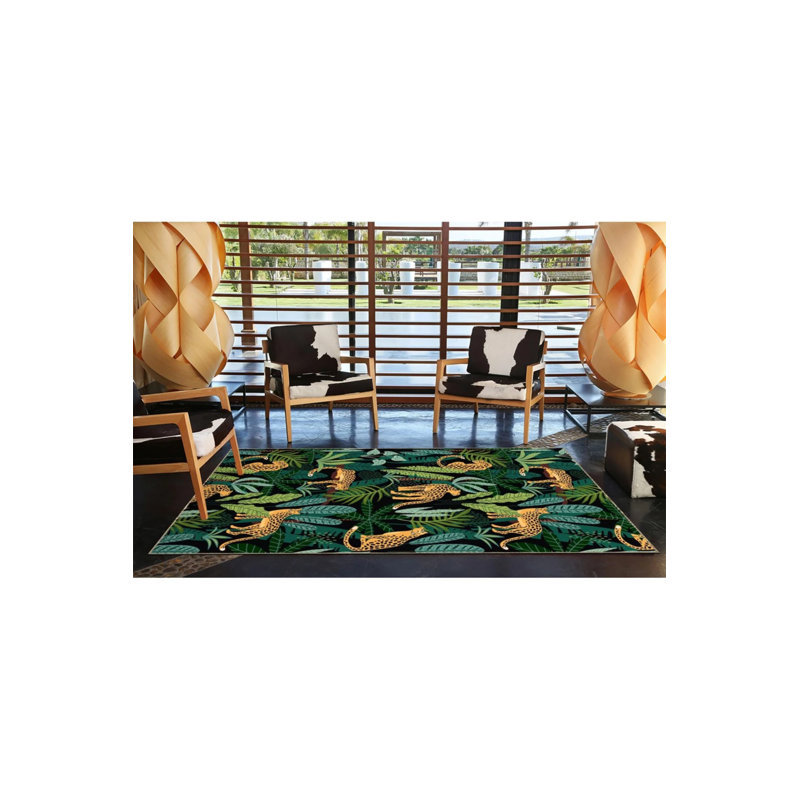 Black And Green Themed Leopard And Tree Patterned Modern Decorative Carpet, Runner 2'6" x 9'11"