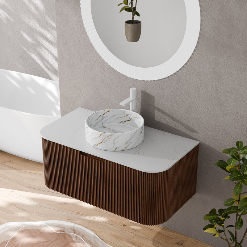Ensemble de meuble-lavabo rayé mural en bois naturel 36 po Echoe, Noyer