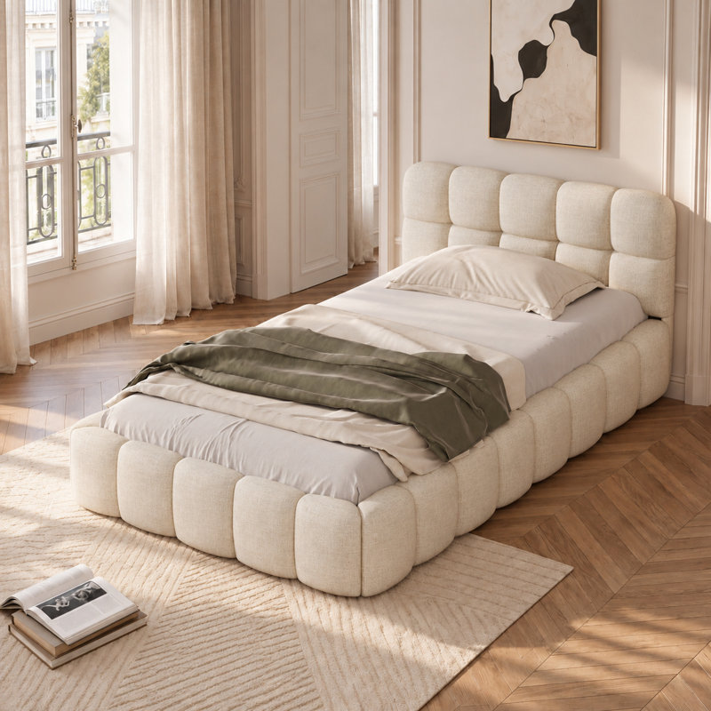 Upholstered Double Bed with Unique Mattress Design, Single (3'), White
