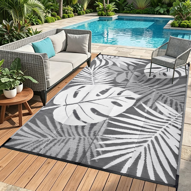 plant pattern indoor/outdoor garden patio rug waterproof grey white，leaves area rug, 5*8ft/152*244cm