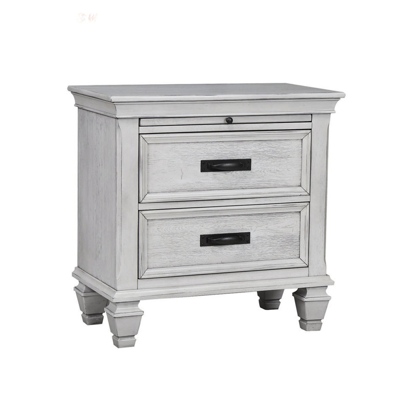 Table de chevet en panneau de fibres à densité moyenne avec 2 tiroirs, plateau de service escamotable et accès par cordon pour une recharge facile, finition blanc antique vieilli