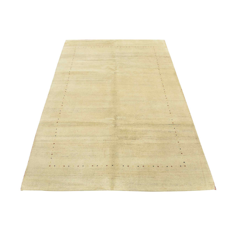Tapis beige en laine noué à la main de conception unique 5 pi 7 po x 7 pi 7 po
