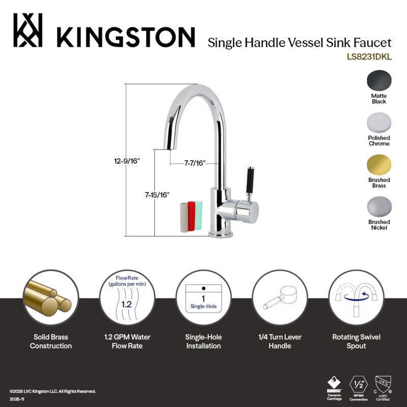 Robinet pour vasque à poignée simple 1 trou Kaiser Kingston, Brushed Brass
