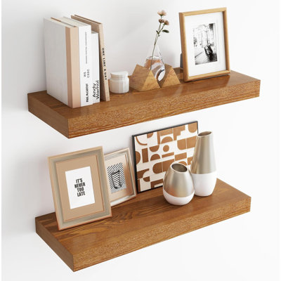 24 Inch Rustic Floating Wall Shelves With Solid Ash Wood Veneer And Upgraded Brackets, Set Of 2