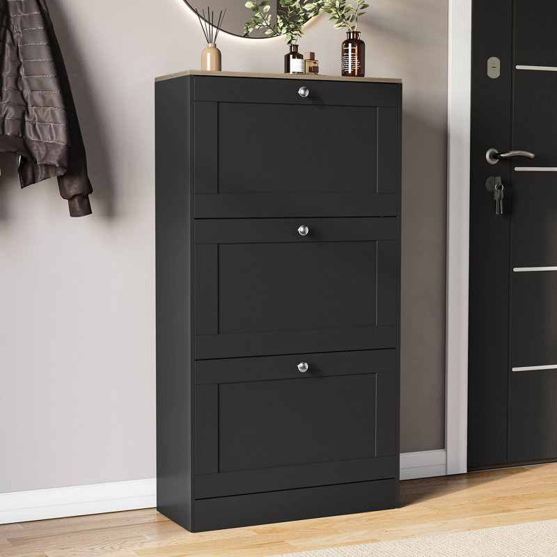 3 Drawer Shoe Cabinet with Top Modern Shoe Storage For Hallway Living Room & Bedroom, Black/Oak