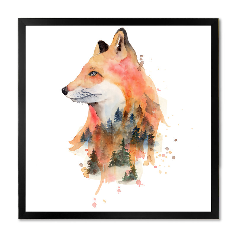 Dessin de renard orange - décoration murale traditionnelle sur toile, H 36 po x l 36 po x P 1,5 po, Cadre photo noir