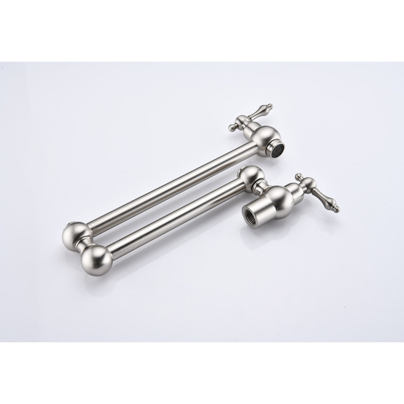 Brushed Nickel Pot Filler Faucet For Kitchen, Wall Mount With Foldable Feature, Double Handles Controlled Water Flow, Corrosion Construction Mounted In Nickel, 360 Rotation And Foldable, Consistent