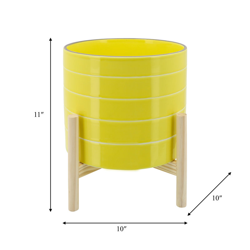 Ramer Planter Ceramic and Stoneware with Wooden Stand, 13.75" H x 10" W x 10" D, Yellow