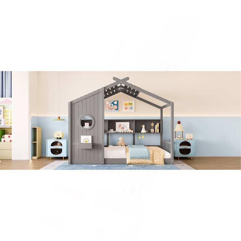 Lit sur pied pour enfant, lit Montessori pour enfants avec tablette de rangement, lit de jeu avec toit, Lit simple, Gris