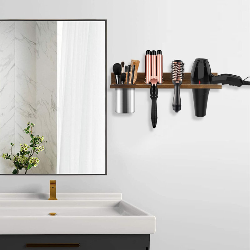 Organisateur d'outils pour cheveux fixé au mur - Support de sèche-cheveux en bois, support pour séchoir à cheveux pour salle de bain, organisateur d'outils de coiffure rustique pour fer plat, brun