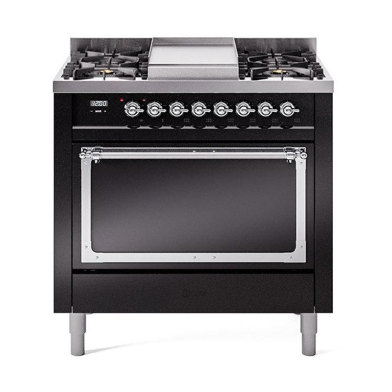 ILVE Nostalgie II Noblesse 36 in Dual Fuel Range, Glossy Black/Chrome, Natural Gas