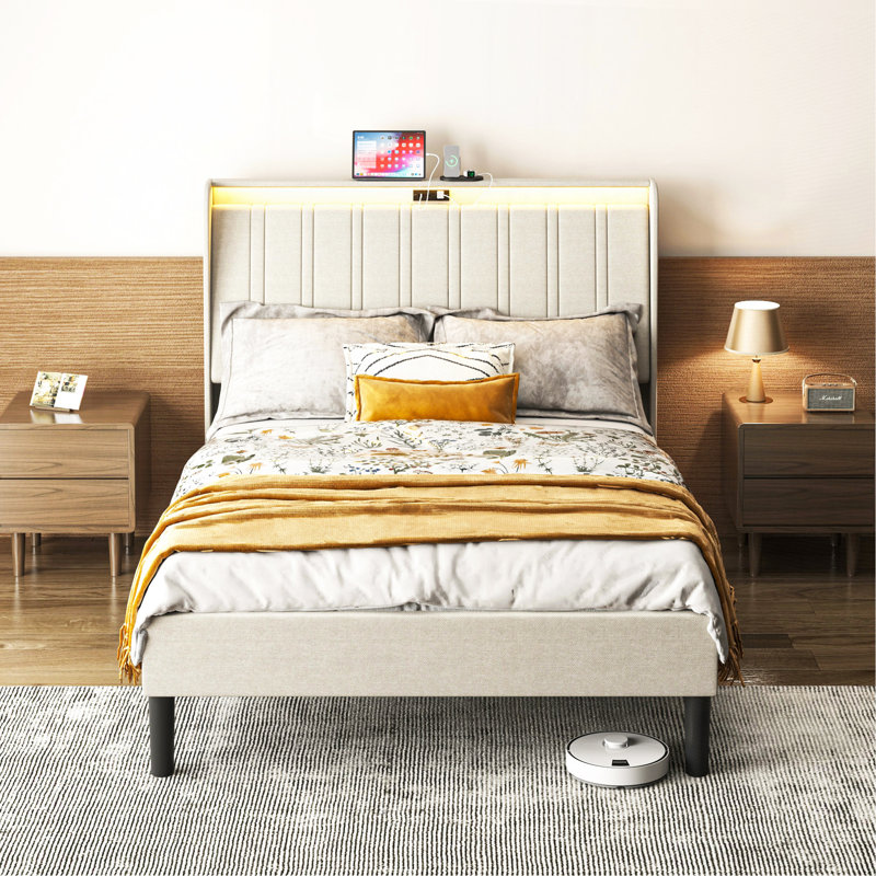 Twin Size Platform Bed Frame With Fabric Upholstered Headboard And Wooden Slats Support, Twin