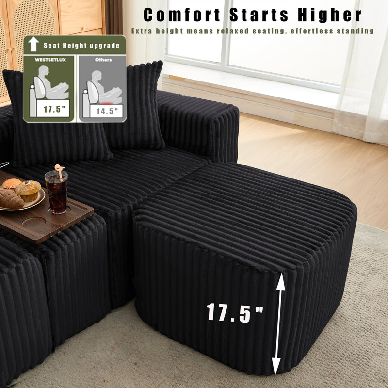 137.5" U Shaped Sofa , USB & Wireless Charge, Coffee Table Board With a Cup Holder, Oversize Movable Modular Sofa,Movable Footstool,No Assembly,6 Seats,Corduroy,Black