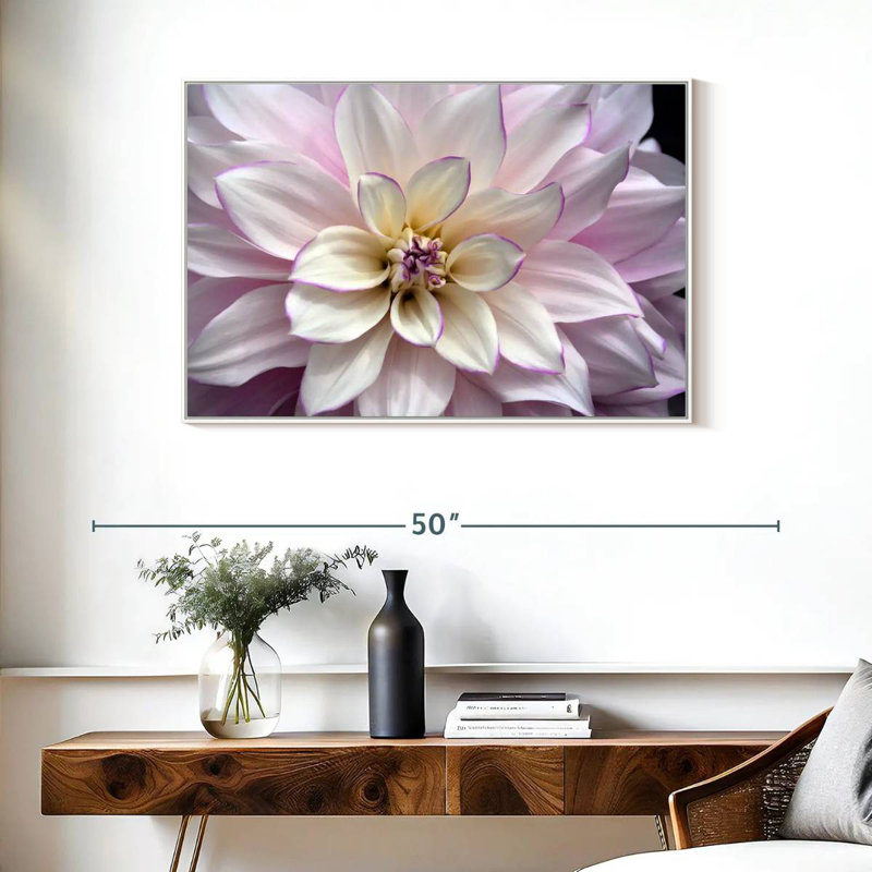 Dahlia blanc et mauve, Cadre flottant blanc, 37 po x 25 po