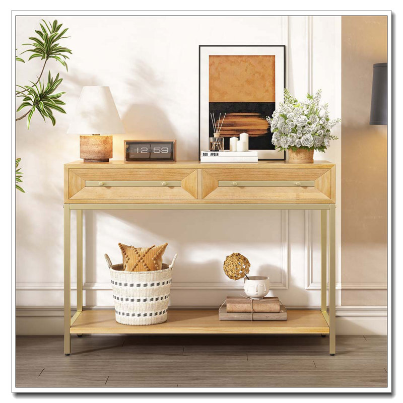 Console Table with Two Drawers, Retro Hallway Table with Striking Geometric Design for Entryway and Living Room, Natural