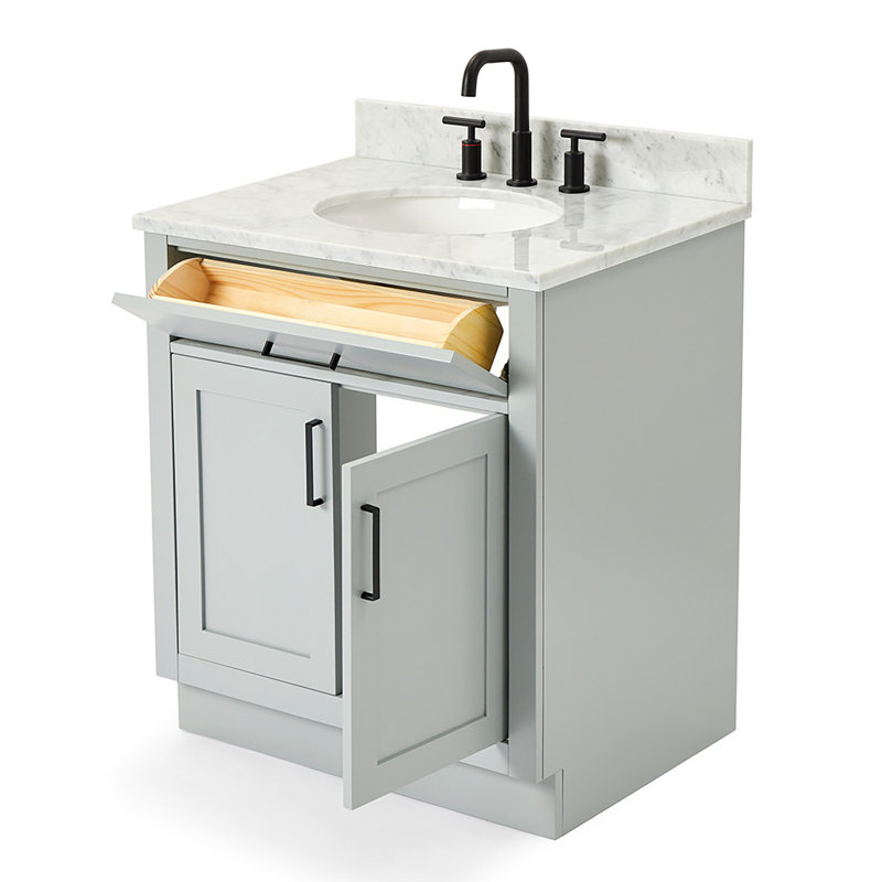 Jameal 30'' Solid Wood Single Bathroom Vanity with 0.75'' Carrara Marble Top, Gray, Oval