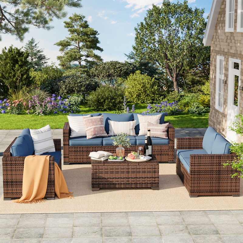 Azoriah 7-Person Wicker Outdoor Seating Group with Storage, Navy Blue