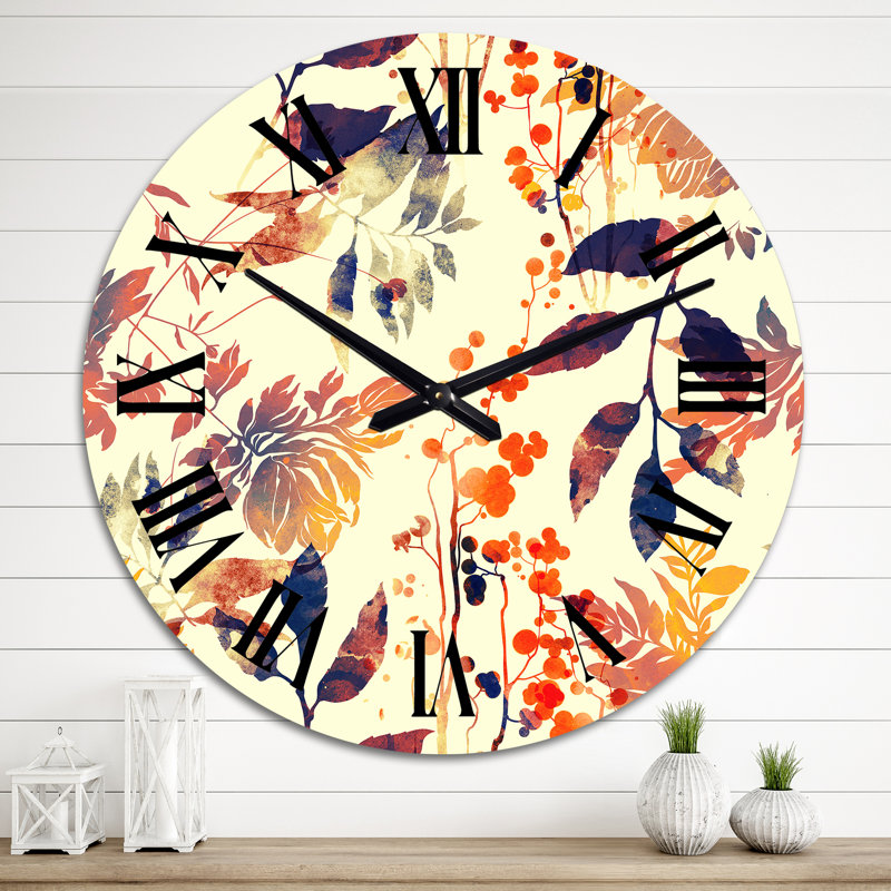 Horloge murale à motif de fleurs et de feuilles abstraites en jaune rétro, Moyen