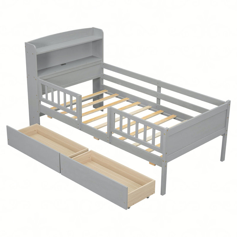 Lit plateforme en bois avec lumière DEL intégrée, tête de lit multifonctionnelle, garde-corps et 2 tiroirs, gris