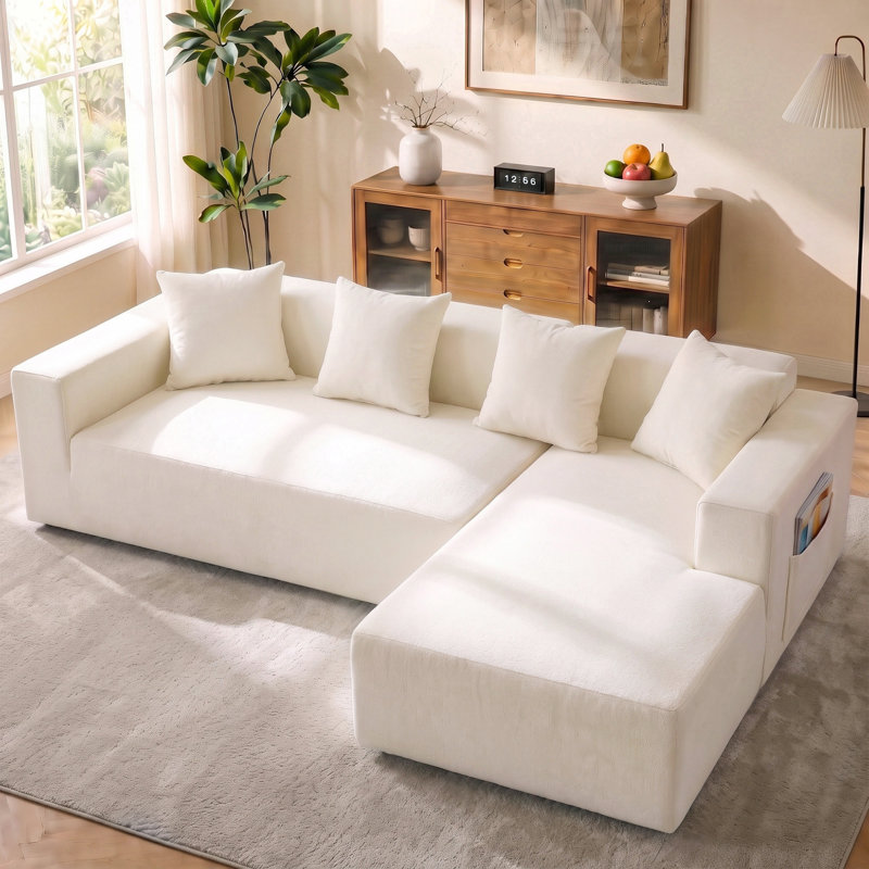 Modern Oversized 262cm Boneless Corner Sofa L-Shaped Chenille Sofa With Storage Pockets, Right Hand Facing, Beige
