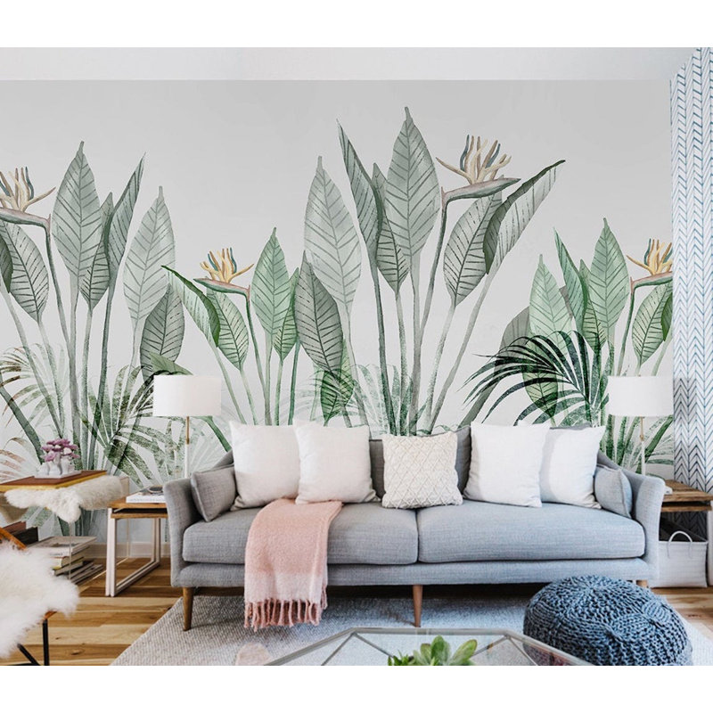 Large Green and Beige Tropical Palm Leaf Removable Wallpaper