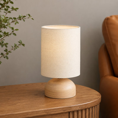 Lampe de chevet compacte en bois de 26 cm avec abat-jour cylindrique en lin