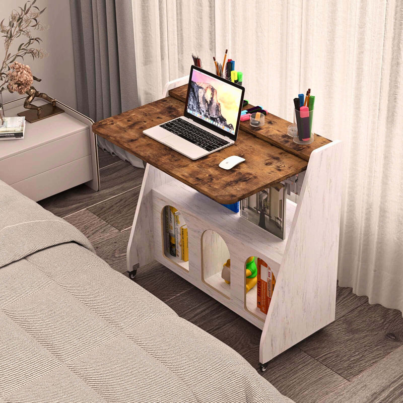 Bureau à roulettes pliable blanc brun, poste de travail mobile avec armoire de rangement, bureau à roulettes en bois pour bureau à domicile, ordinateur portable, canapé, lit