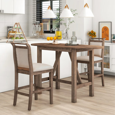 3-Piece Wood Counter Height Drop Leaf  Dining Table Set With 2 Upholstered Dining Chairs For Small Place, Brown