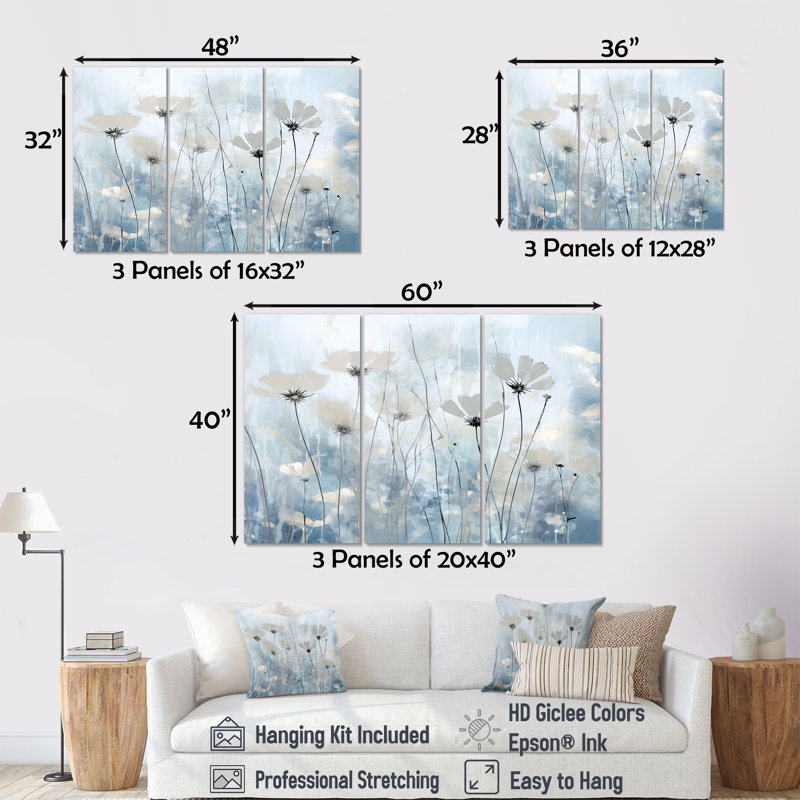 Cerulean Floral Field - Flower Art, ensemble d'art sur toile, H 40 po x l 60 po x P 1 po