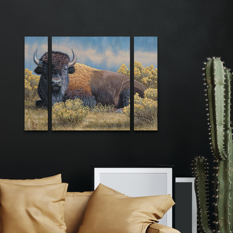 Ensemble de 3 panneaux - Jeff Hoff «Yellowstone Monarch Bison», art mural sur toile pour le salon, la chambre à coucher ou le bureau 