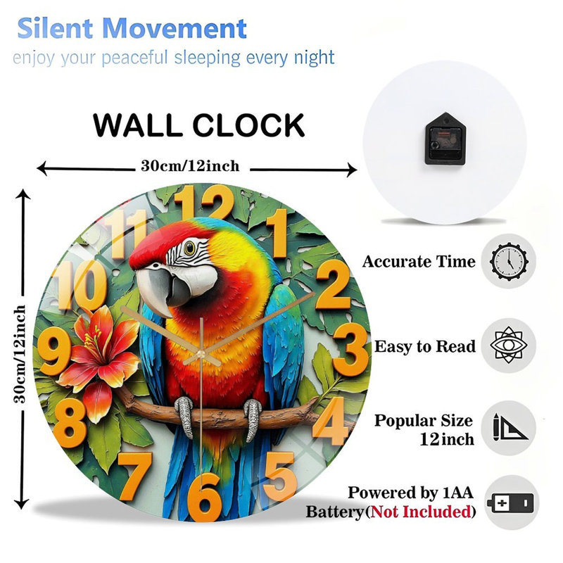 Horloge murale colorée perroquet avec art tropical - horloge murale 12 po