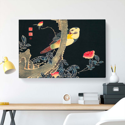 Parrot and Rose Bush by Ito Jakuchu - Wrapped Canvas Art - Wrapped Canvas