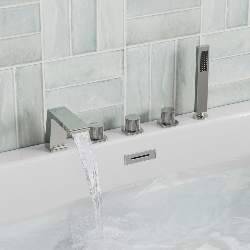 3 Handle Deck Mount Waterfall Roman Tub Faucet with Diverter & Handheld Shower, Chrome
