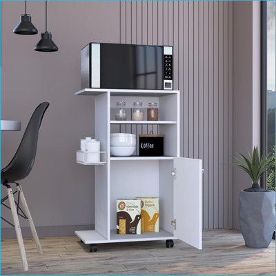 Chariot de cuisine avec armoire à une porte, quatre roulettes | Blanc neige | Panneau de particules