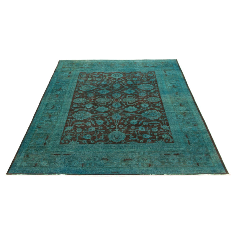 Tapis bleu sarcelle noué à la main de conception unique 7 pi 11 po x 9 pi 9 po