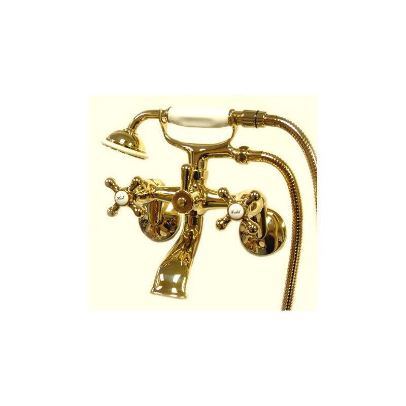 Triple Handle Wall Mounted Clawfoot Tub Faucet, Polished Brass