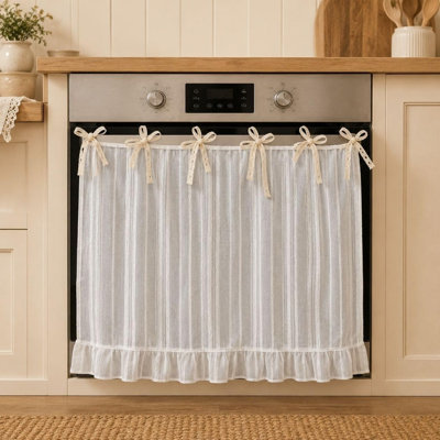 Farmhouse Striped Oven Skirt Stove Curtain, Cotton Linen Decorative Oven Door Cover with Fabric Ribbon Ties & Ruffle Hem, Neutral Ticking Stripe Tie-On Appliance Curtain for Kitchen, Cabinet