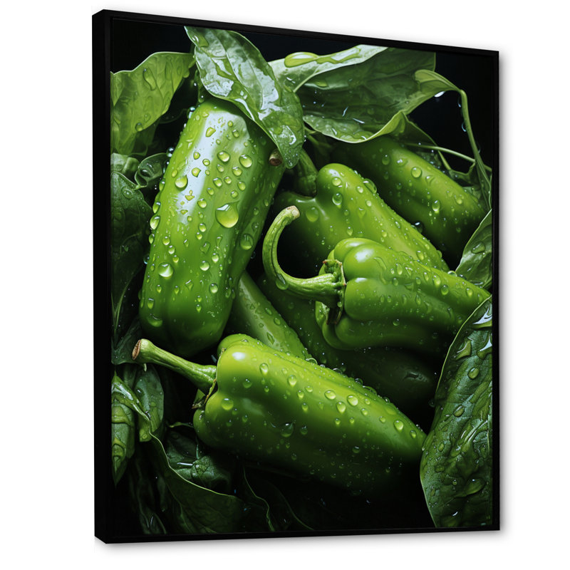 " Jade Green Pepper Vegetable I ", 40" H x 30" W x 1.5" D, Black Floater Framed