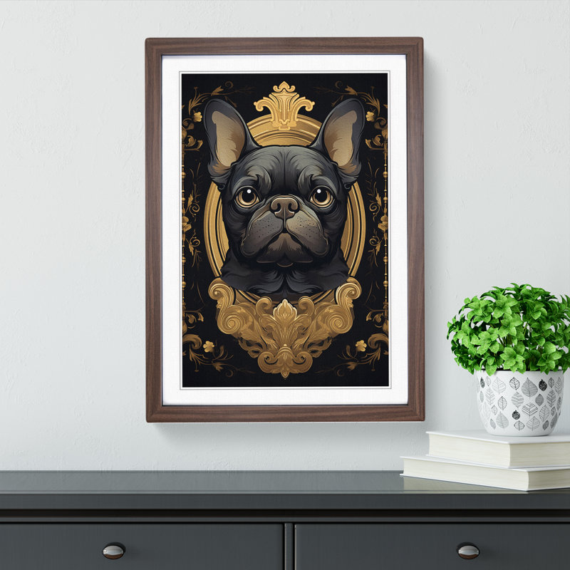 French Bulldog Nouveau - Single Picture Frame Print on Wood, Walnut Framed, 34cm H x 25cm W