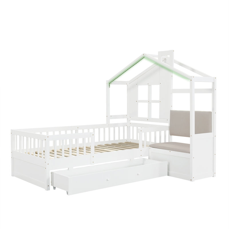 3ft Wooden cabin bed with sofa, 1 drawer and LED Light white