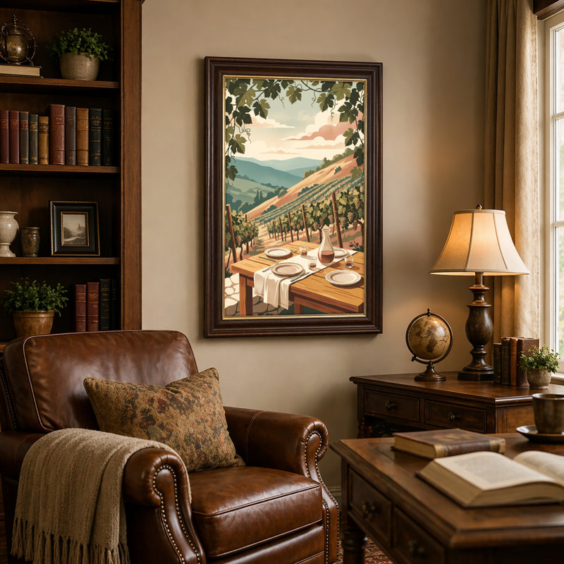 Art mural antique sur toile encadré doré pour le salon, la chambre à coucher, le bureau ou le vestibule - Décoration murale décorative avec table vigneronne