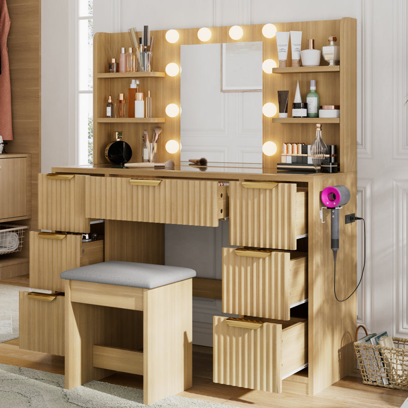 Meuble-lavabo avec miroir à DEL Tovae, Bois naturel