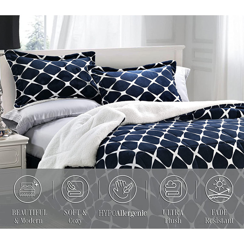 Mocassi Bloom Sherpa Geometric Shapes Comforter, California King Comforter + 2 King Shams, Navy