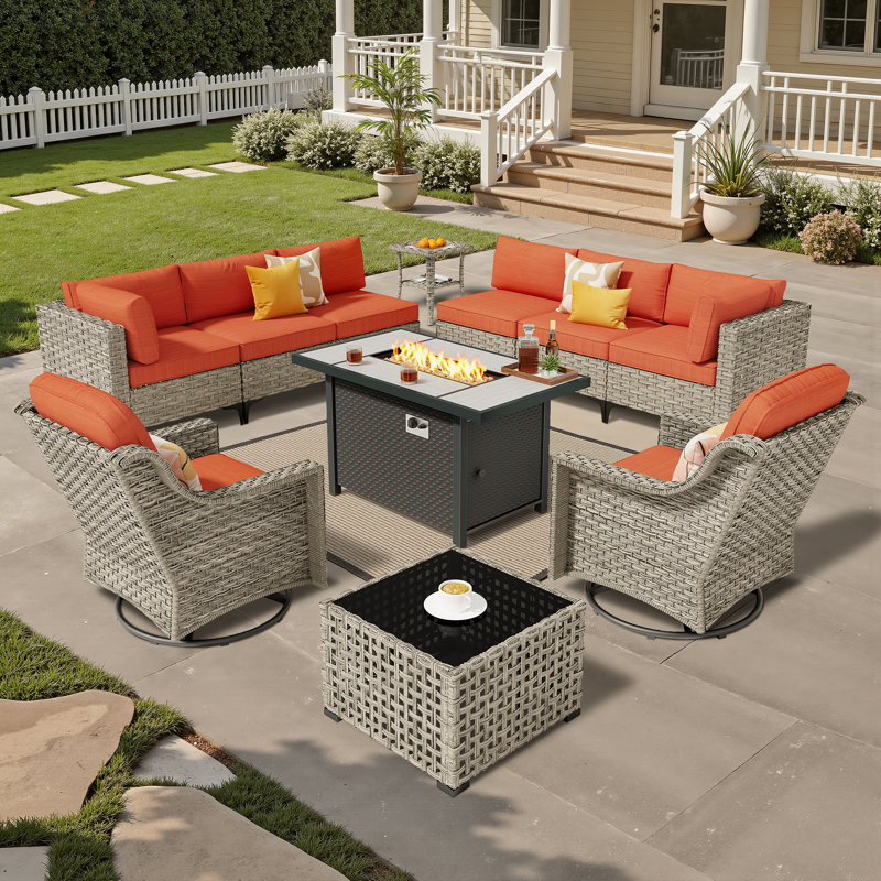 Ensemble de conversation pour patio 11 pièces avec canapé modulaire modulaire, chaises berçantes pivotantes et table foyer
