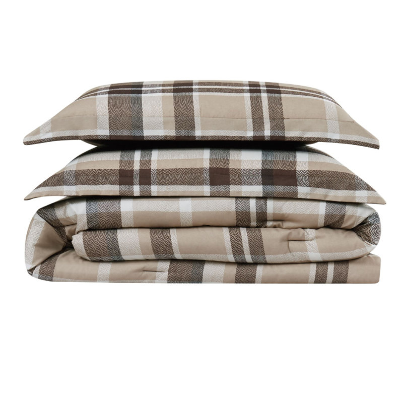 Taupe Plaid Microfiber Full Comforter Set with Shams