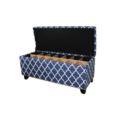 Banc de rangement de 18 pouces de hauteur avec des rayures marocaines bleues, une surface de 39 po, une assise de 42 po et 17 po de hauteur, du siège au sol